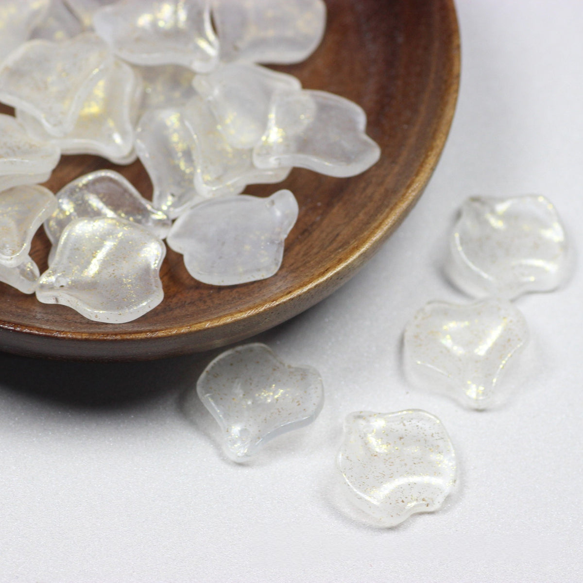 Rose Petal Frosted Glass Beads 18mm Frosted White Gold Flecked 50pcs