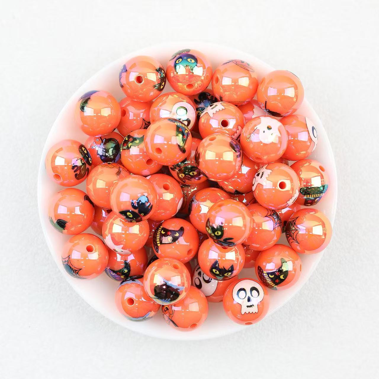 Halloween Themed Acrylic Beads Wholesale, Orange Round Printed Designs, 16mm
