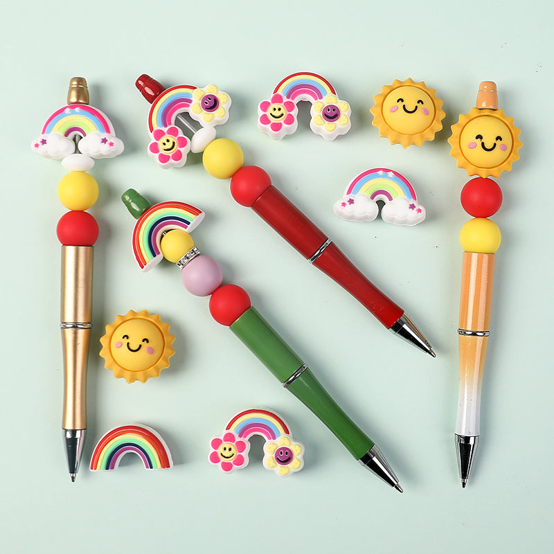 Silicone 3D Focal Beads Smiling Sun Rainbow Flowers Holding Flower Charm 20Pcs 8