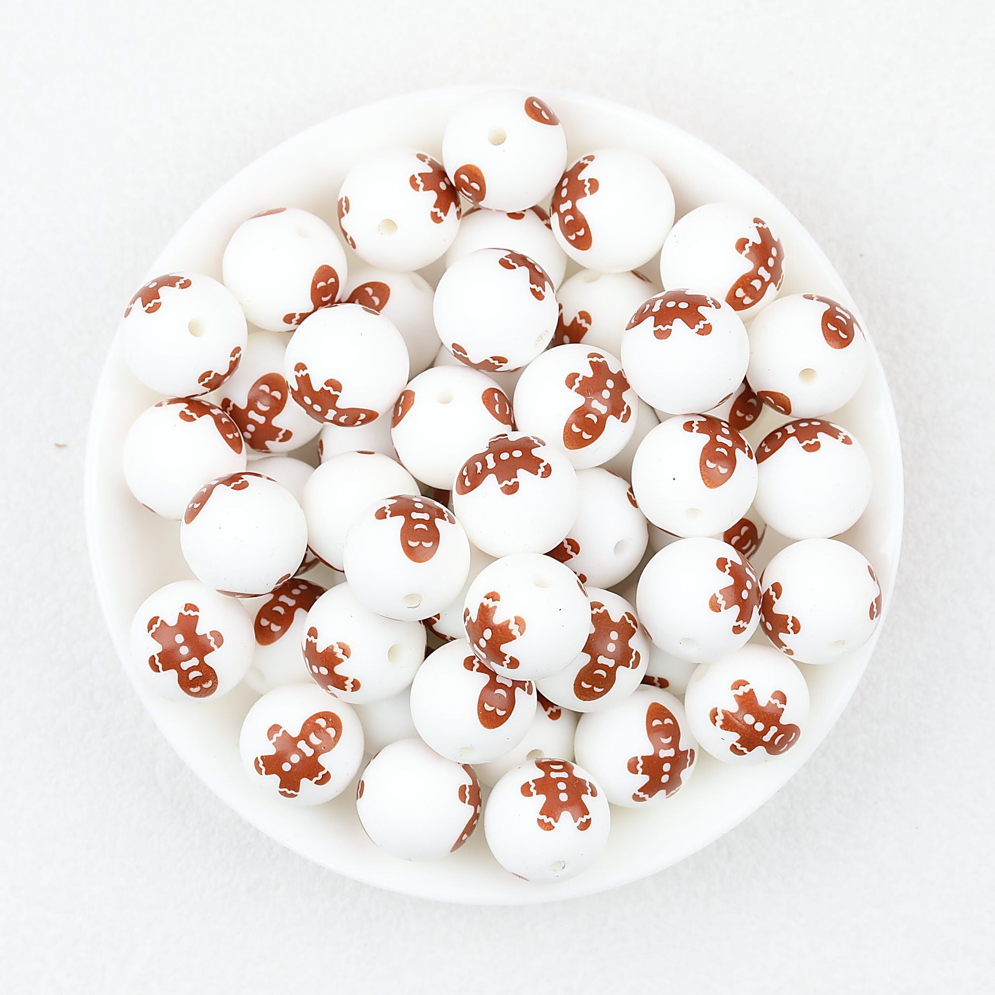 Christmas Theme 15mm Printed Silicone Round Beads 50pcs - Gingerbread Man