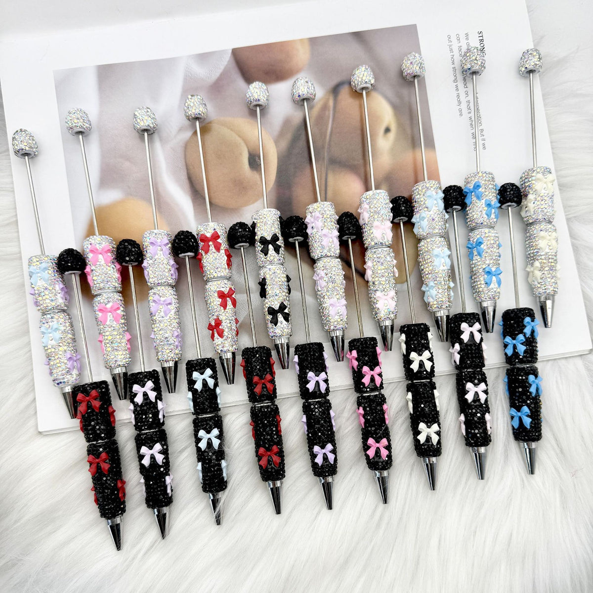 Beadable Pen with Rhinestone Bow Decoration
