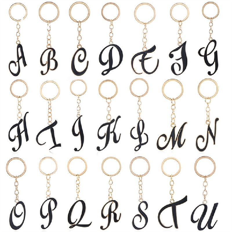 Metal Fashion Letter Keychain Black and Gold Script Design
