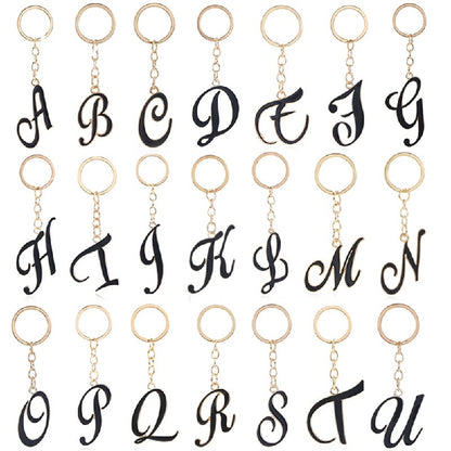 Metal Fashion Letter Keychain Black and Gold Script Design