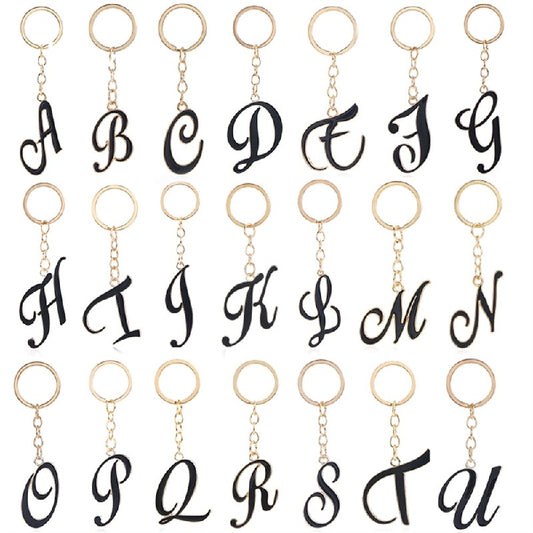 Metal Fashion Letter Keychain Black and Gold Script Design
