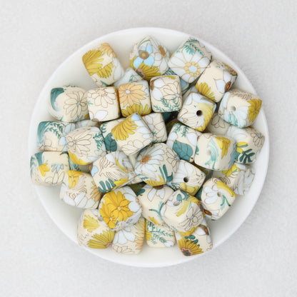 Floral Pattern 13.5mm Square Silicone Beads Printed Design 50pcs 2