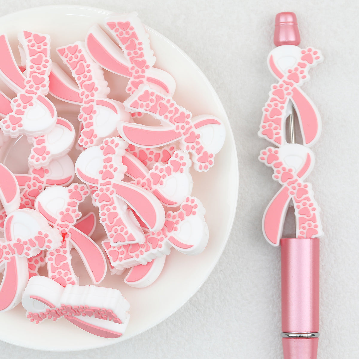 Pink Love Ribbon Silicone Focal Beads 20pcs