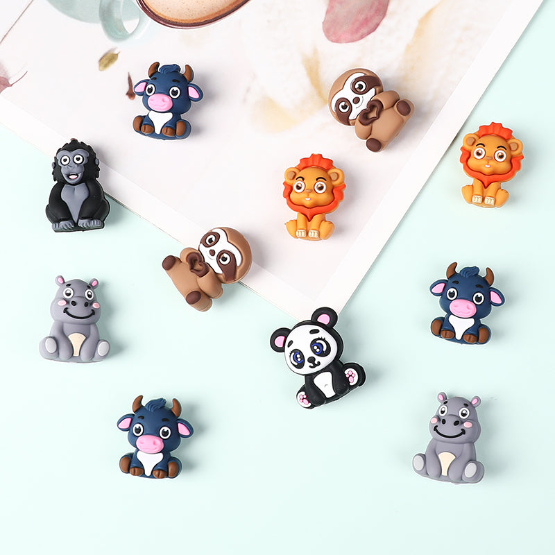 Silicone 3D Focal Beads Animal Panda Lion Sloth Hippopotamus Cow Sitting Pose 20Pcs 5