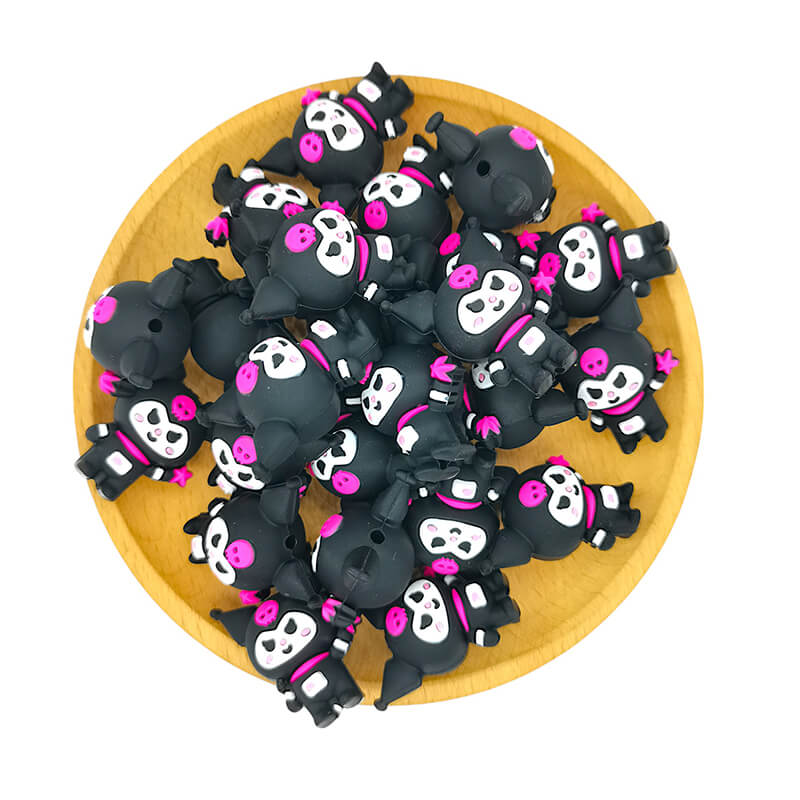 Silicone 3D Focal Beads Black Kuromi With Pink Skulls 2