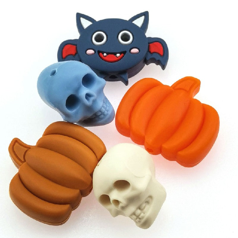 Silicone Focal Beads Halloween Ghost Pumpkin Bat Designs 10pcs 3