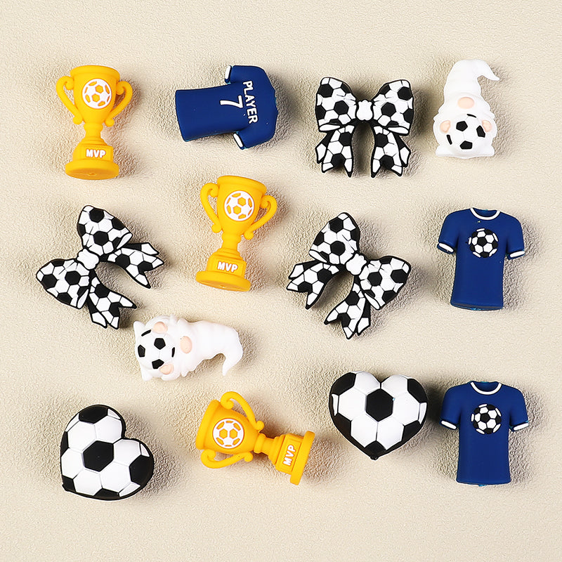 3D Football Theme Silicone Focal Beads Wholesale, Heart Trophy Jersey Bow White Gnome
