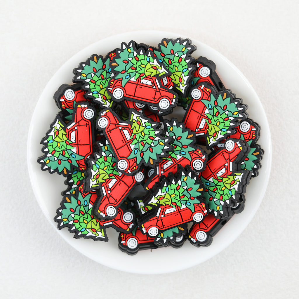 Tree-Topped Car Silicone Focal Beads Wholesale, Christmas Holiday Light Pattern