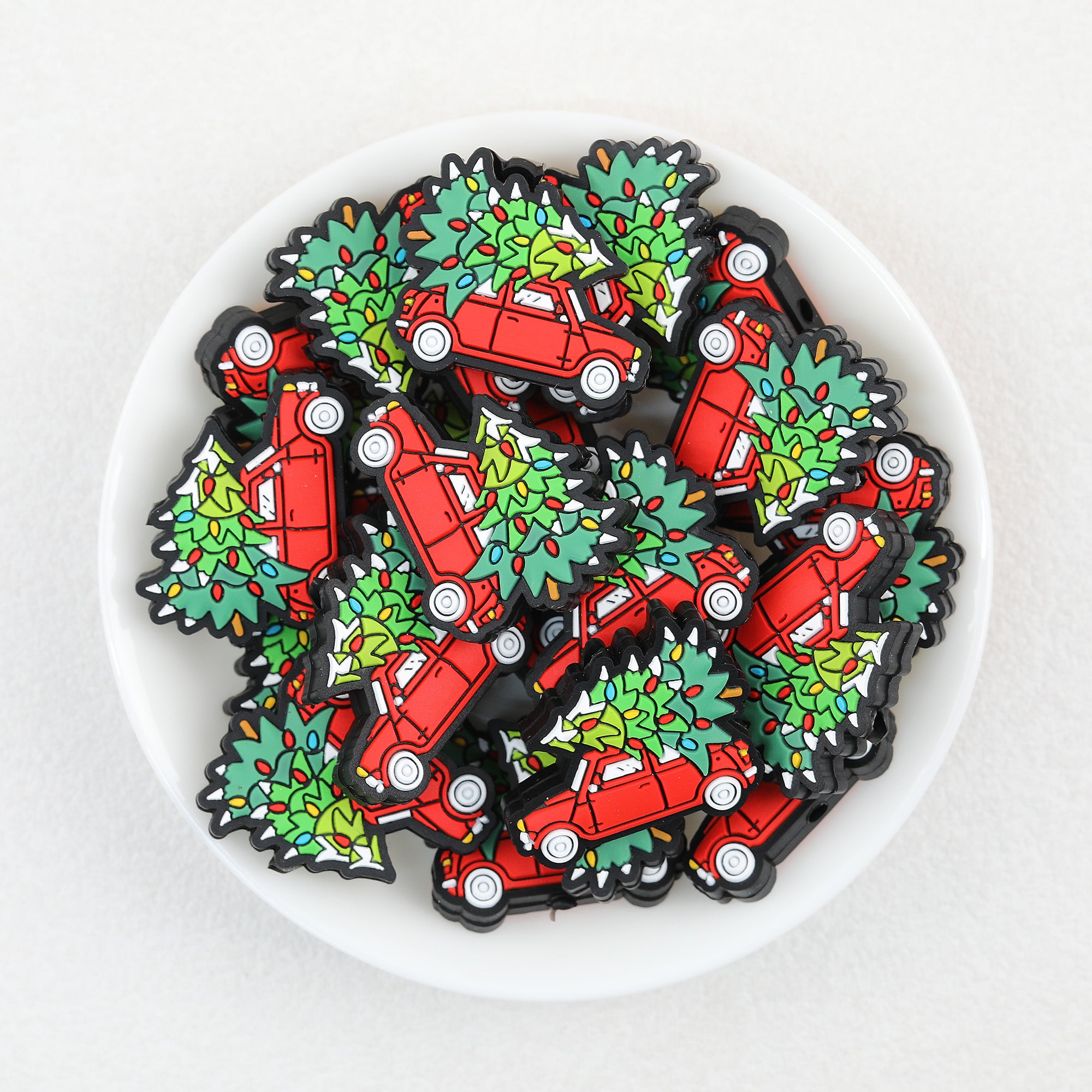 Tree-Topped Car Silicone Focal Beads Wholesale, Christmas Holiday Light Pattern