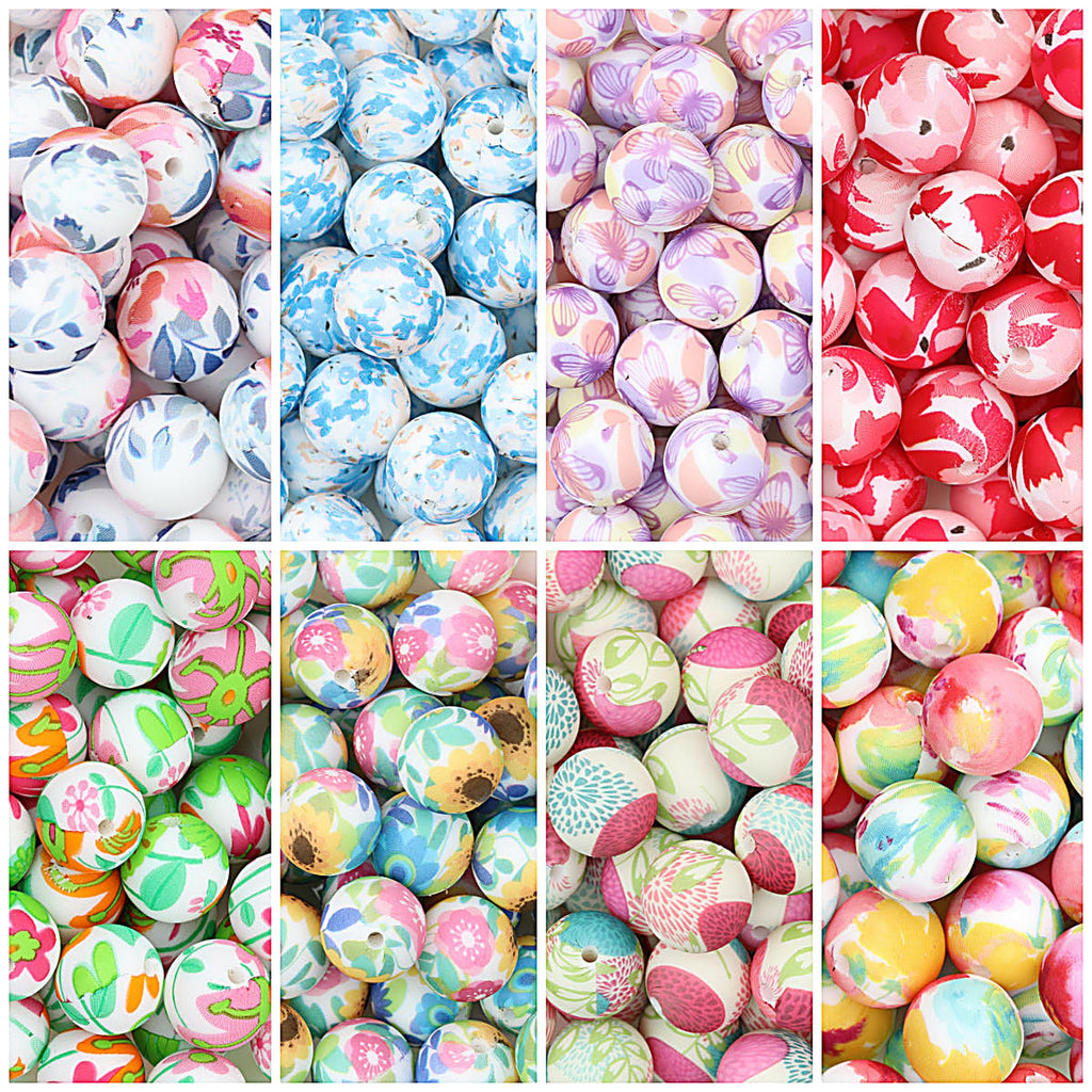 15mm Floral Pattern Silicone Beads Pastel Print 50pcs