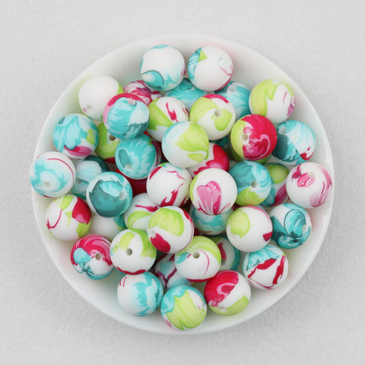 15mm Print Round Silicone Beads with Colorful Floral Patterns 50pcs 2